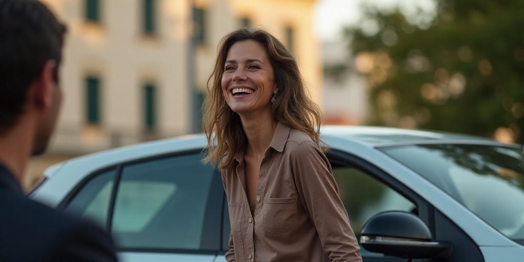 a woman is walking out of a car and smiling at someone else in the background with a building in the