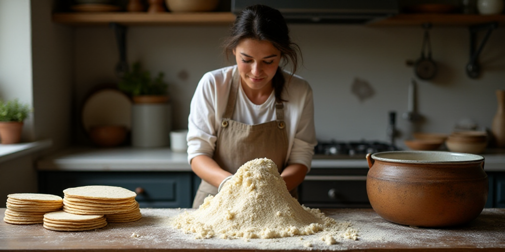a woman making tortillas in a kitchen with a large pot of flour in the background and a stack of tor