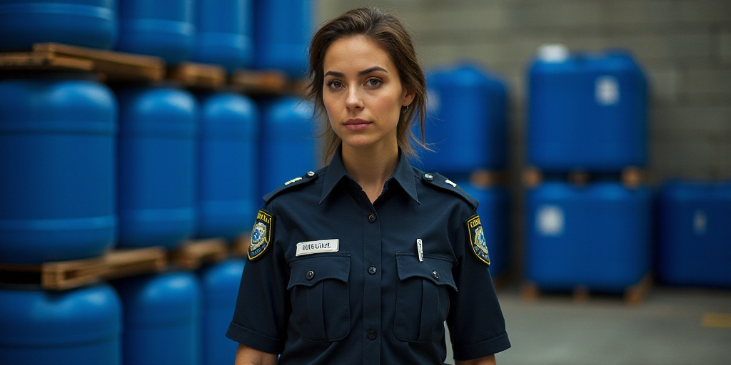 a woman police officer standing in a warehouse with stacks of blue plastic containers behind her and