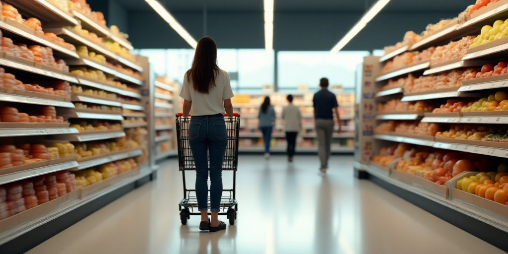 a woman pushing a shopping cart through a grocery store aisle with people shopping in the aisles beh