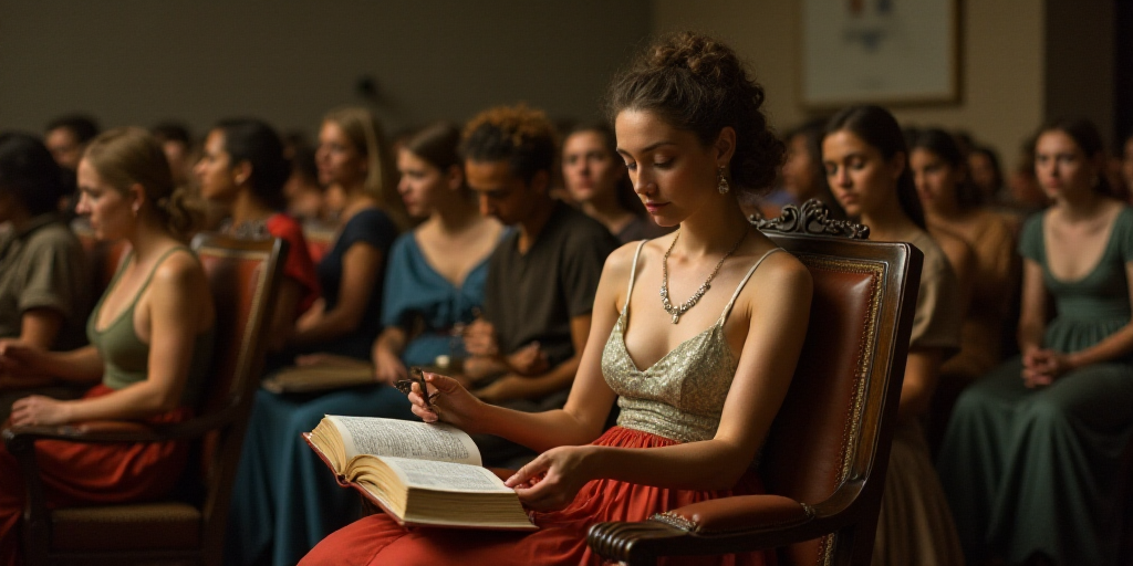 a woman reading a book in a crowd of people sitting down and standing up in chairs with a book in he