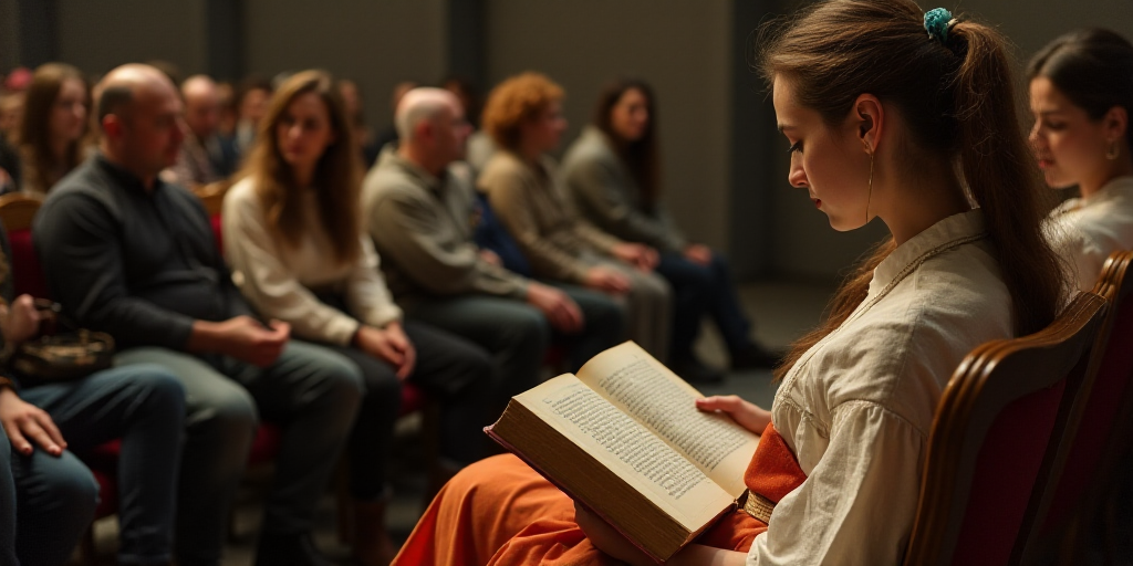 a woman reading a book in a crowd of people sitting down and standing up in chairs with a book in he
