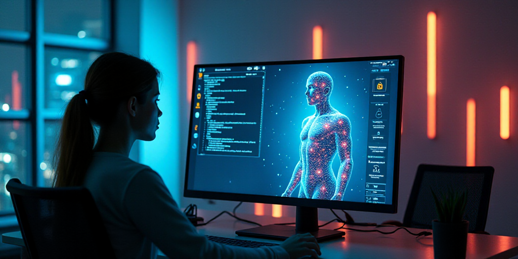a woman sitting at a desk in front of a computer screen with a human figure on it and a man standing