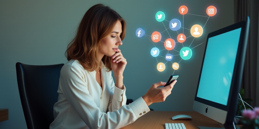 a woman sitting at a desk using a cell phone with social icons coming out of it and a computer monit