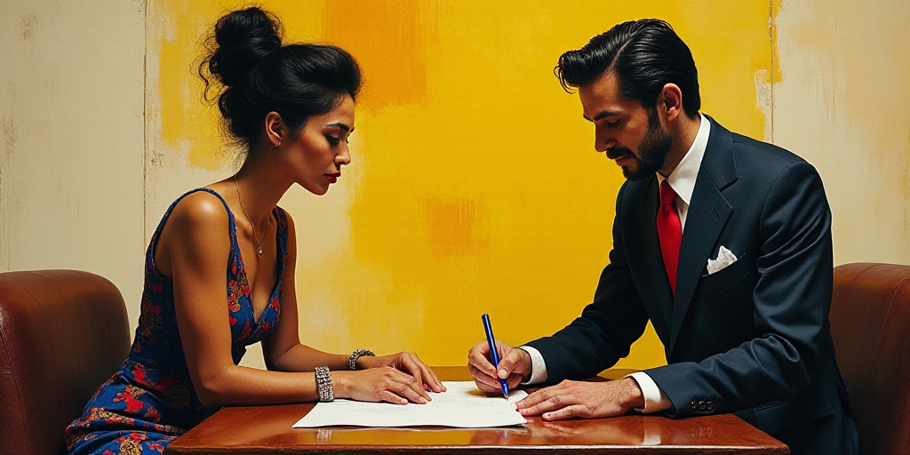 a woman sitting at a desk with a man in a suit and tie on writing on a piece of paper, David Alfaro