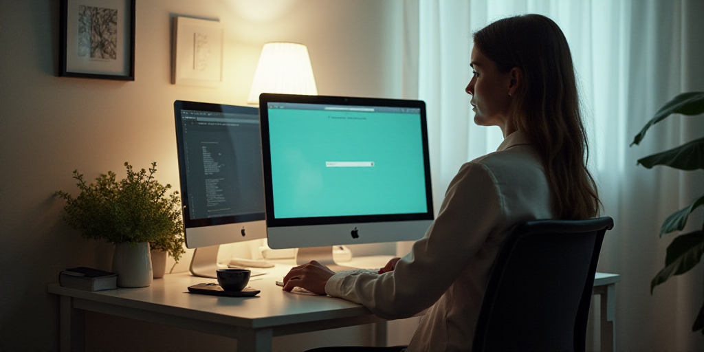 a woman sitting at a desk with a computer and a monitor on it with a woman standing behind her, Ada