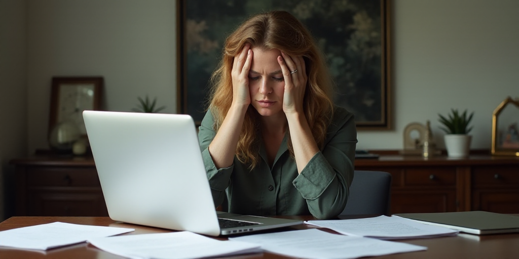 a woman sitting at a desk with a laptop and papers in front of her, holding her head in her hands, E