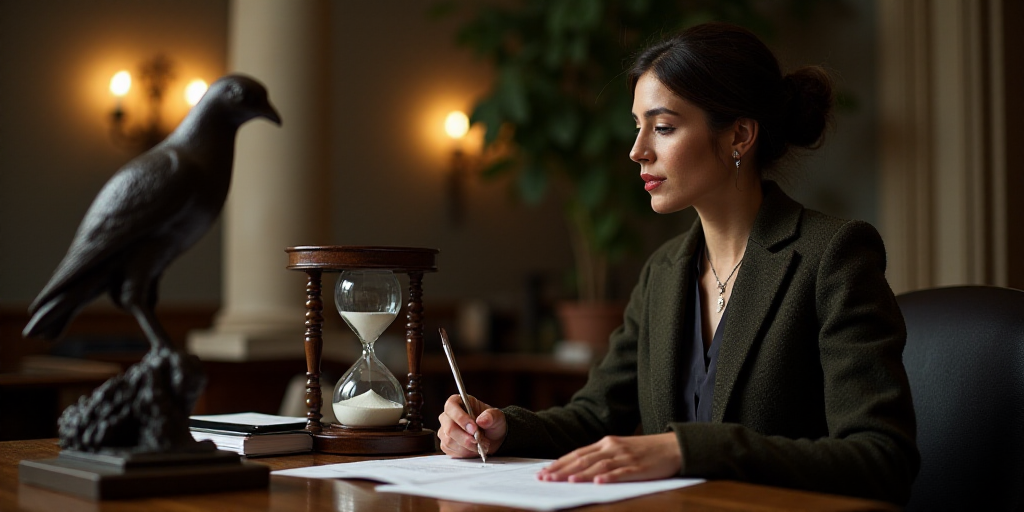 a woman sitting at a desk with a hourglass in front of her and a statue of a bird, Araceli Gilbert,