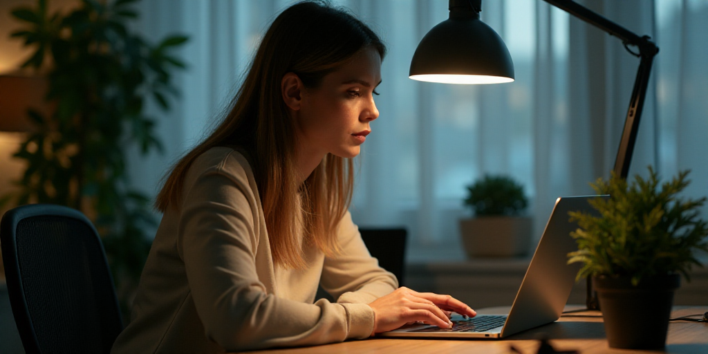 a woman sitting at a desk with a laptop computer and a lamp on her head and a plant in front of her,