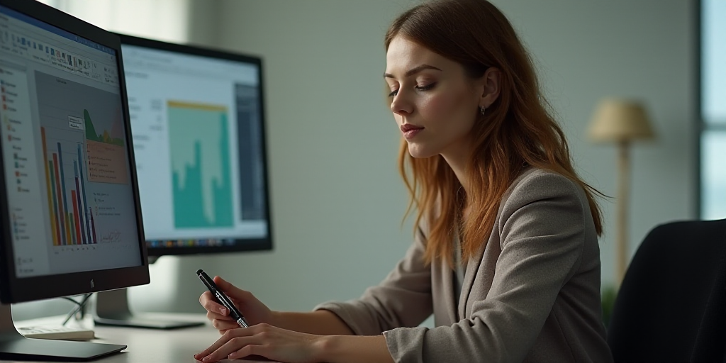 a woman sitting at a desk with a pen in her hand and a computer monitor in front of her, Evaline Nes