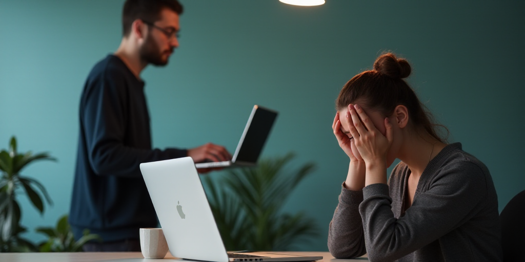 a woman sitting at a desk with her head in her hands and a man standing behind her with a laptop, Av