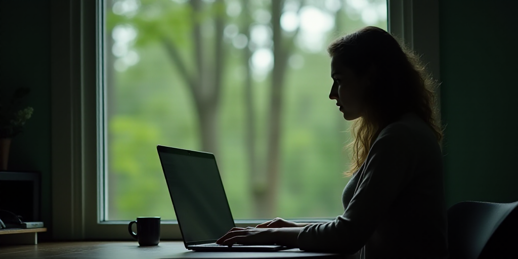 a woman sitting at a desk with a laptop computer in front of her, looking out a window at a forest,