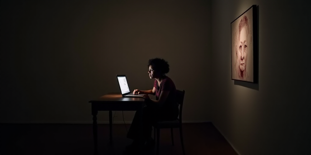 a woman sitting at a table in front of a laptop computer in a dark room with a picture on the wall,