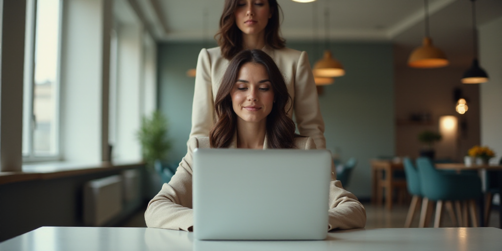 a woman sitting at a table with a laptop computer in front of her and another woman standing behind