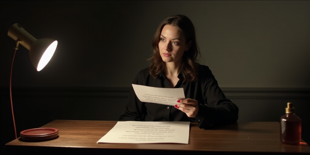 a woman sitting at a table with a piece of paper in her hand and a quote on the table, Adrienn Hencz