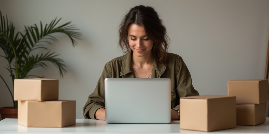 a woman sitting at a table with a laptop in front of her and boxes around her on the table, Claire F