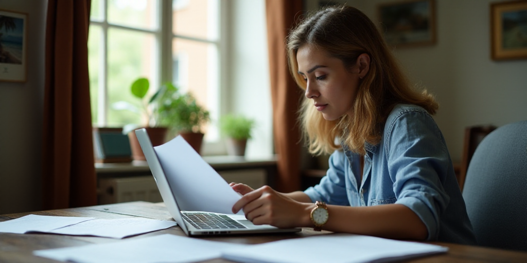 a woman sitting at a table with a laptop and papers in front of her, looking at a piece of paper, Ev