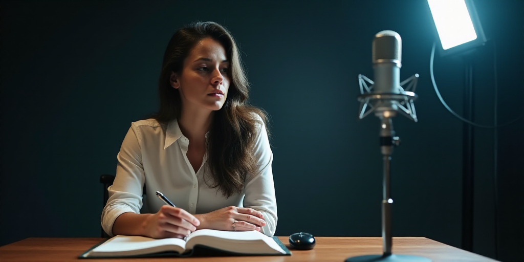 a woman sitting at a table with a book in front of her and a microphone in the background behind her