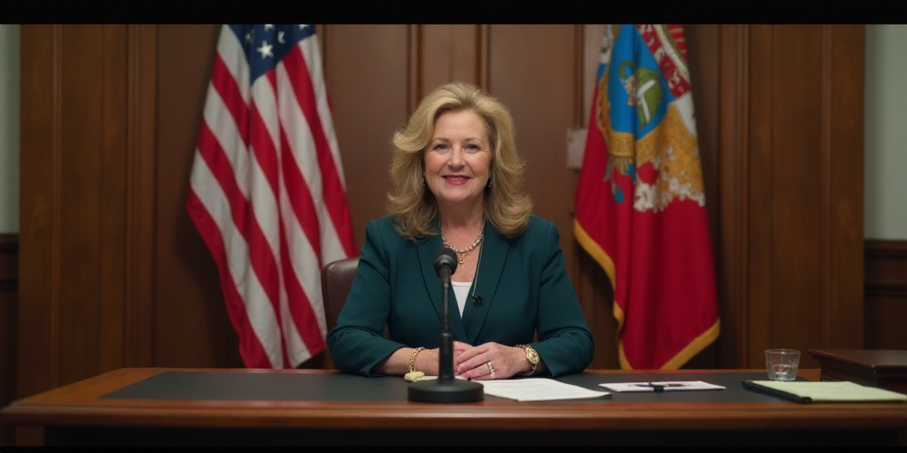 a woman sitting in a chair in front of a flag and a desk with a microphone and a flag, Elaine Hamilt