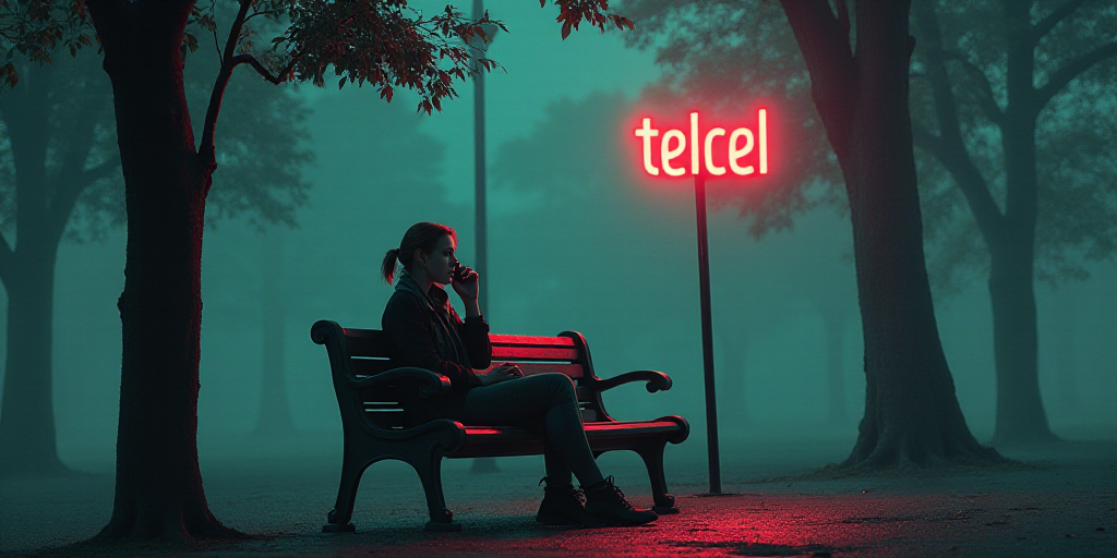 a woman sitting on a bench in a park with a cell phone to her ear and a telcel logo above her, Arace