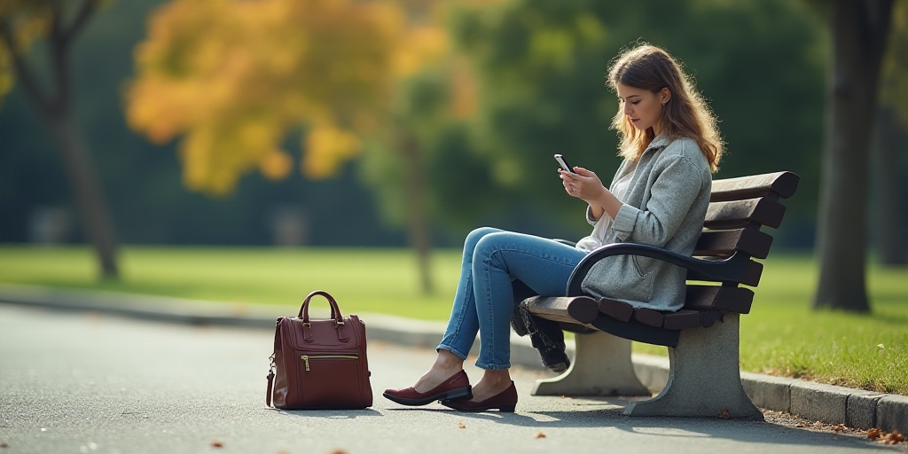 a woman sitting on a bench using a cell phone next to a purse and purse bag on the ground, Dennis As