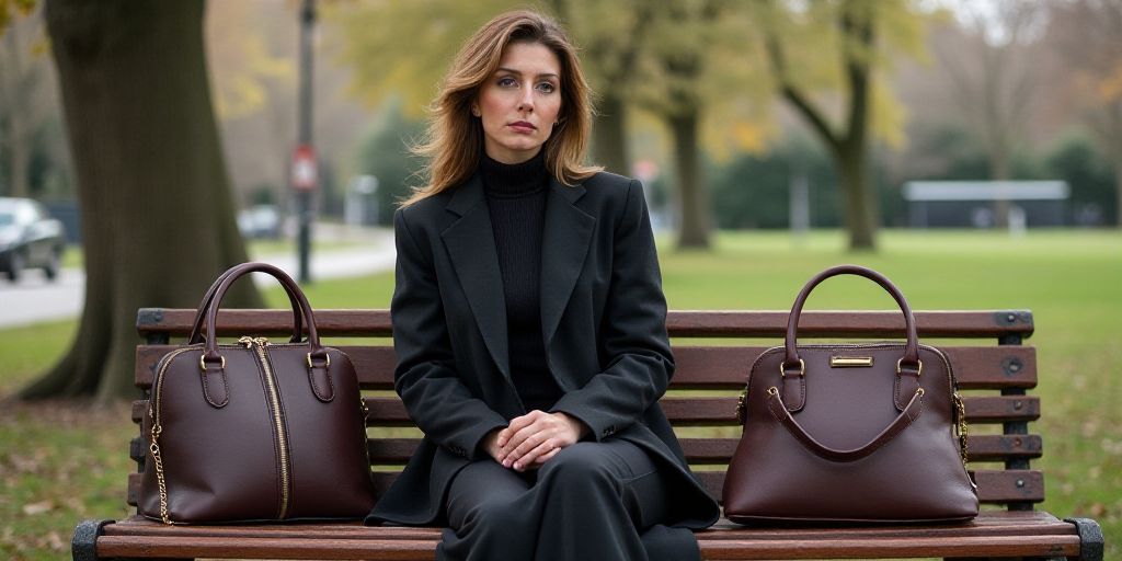 a woman sitting on a bench with a bag and a purse in front of her and a purse in the other, Carol Bo