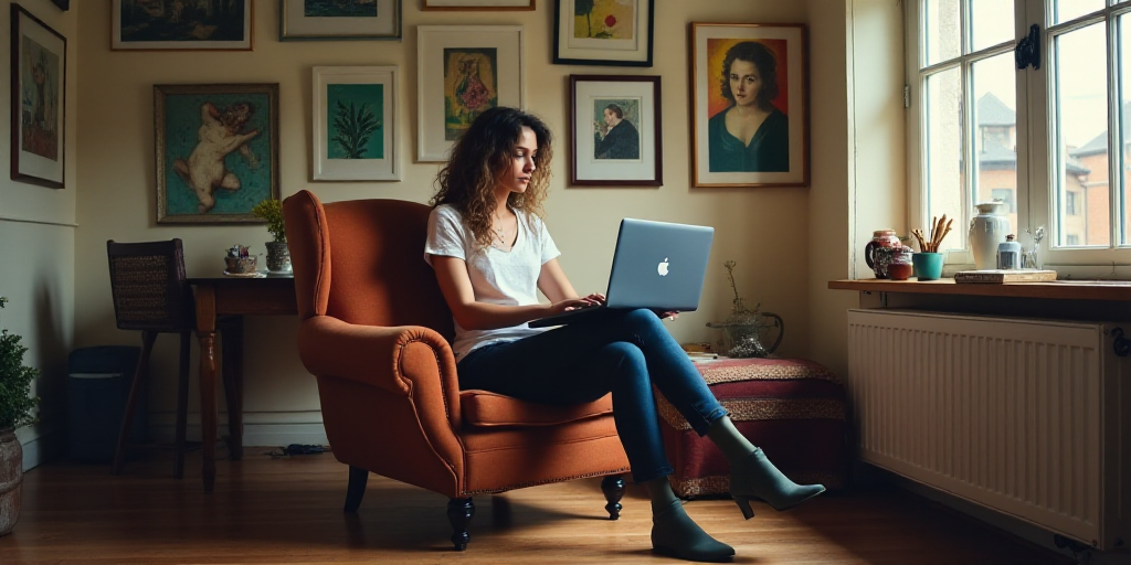 a woman sitting on a chair with a laptop in her lap top in a room with art on the walls, Eve Ryder,