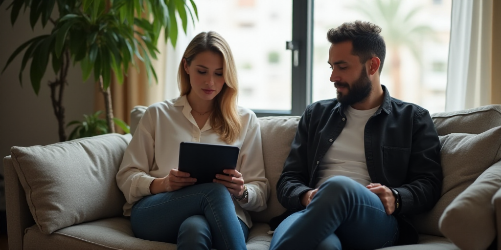 a woman sitting on a couch holding a tablet computer next to a man and a woman sitting on a couch, E