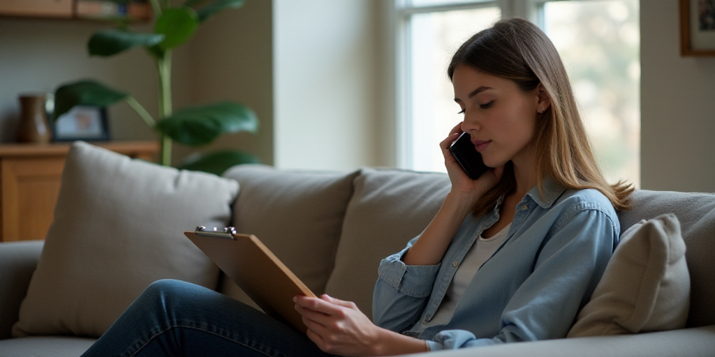 a woman sitting on a couch talking on a cell phone and holding a clipboard in her hand while looking