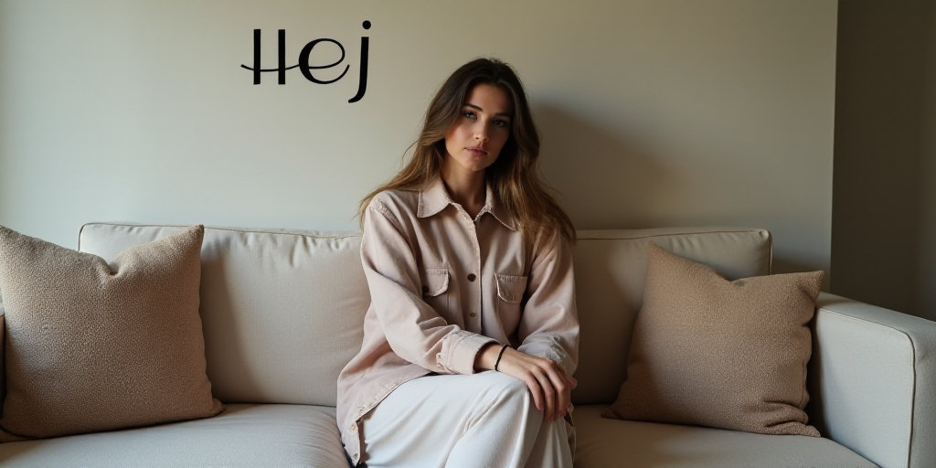 a woman sitting on a couch with pillows on it and a wall behind her that says hej on it, Avgust Čer