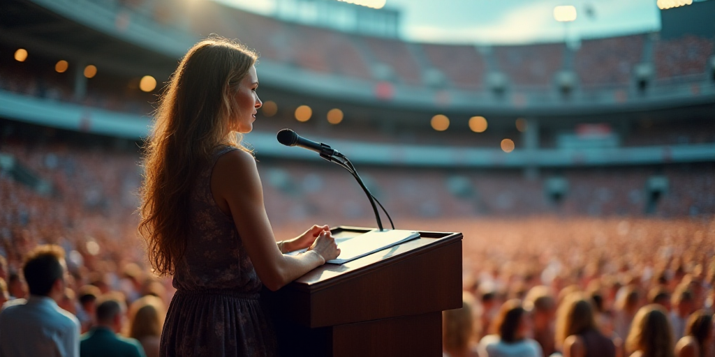 a woman speaking at a podium in front of a large crowd of people in a stadium with a microphone, Aqu