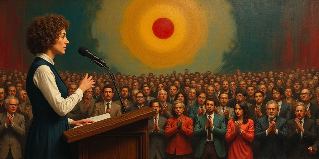 a woman standing at a podium in front of a crowd of people clapping and clapping hands in front of a