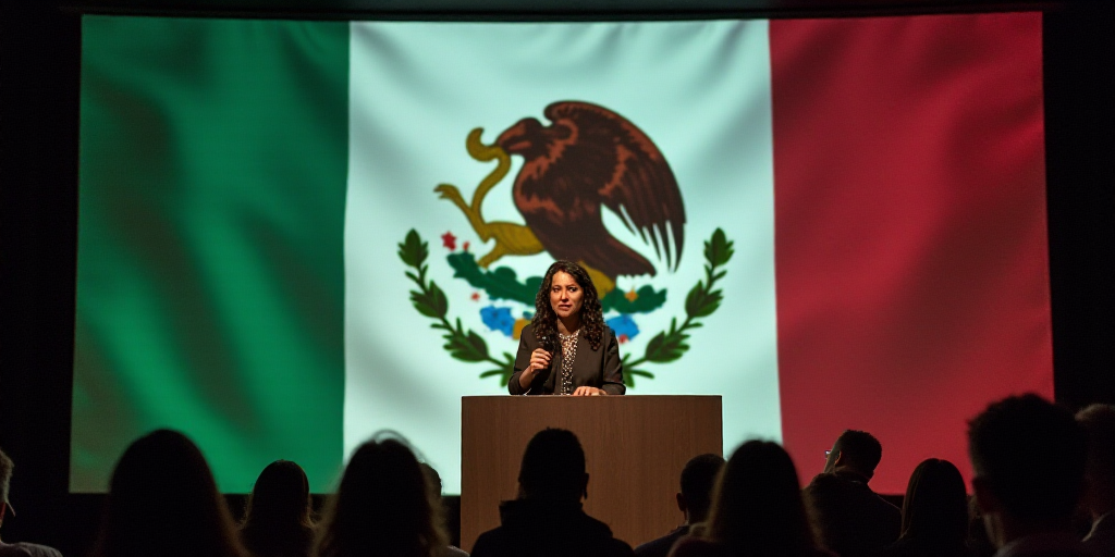 a woman standing at a podium in front of a banner with a picture of a woman on it and a mexican flag