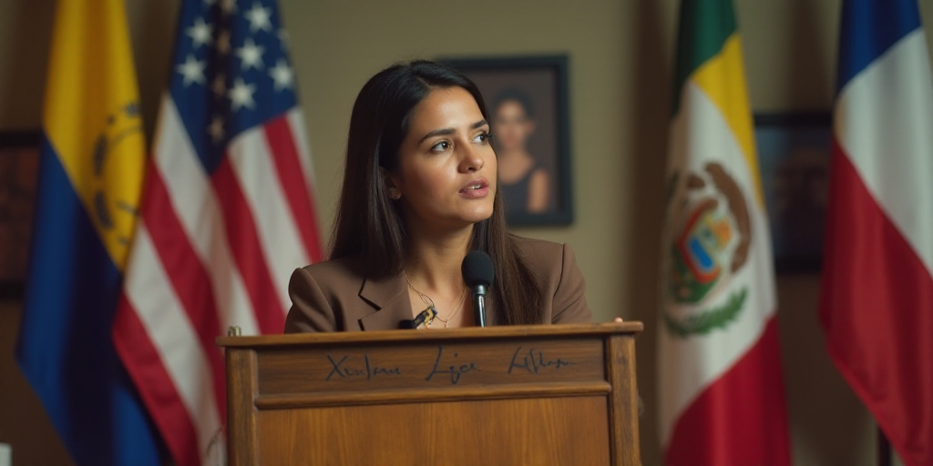 a woman standing at a podium in front of flags and a microphone with a picture of a woman on the wal