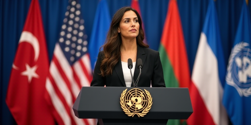 a woman standing at a podium in front of flags of different countries and the united states of ameri