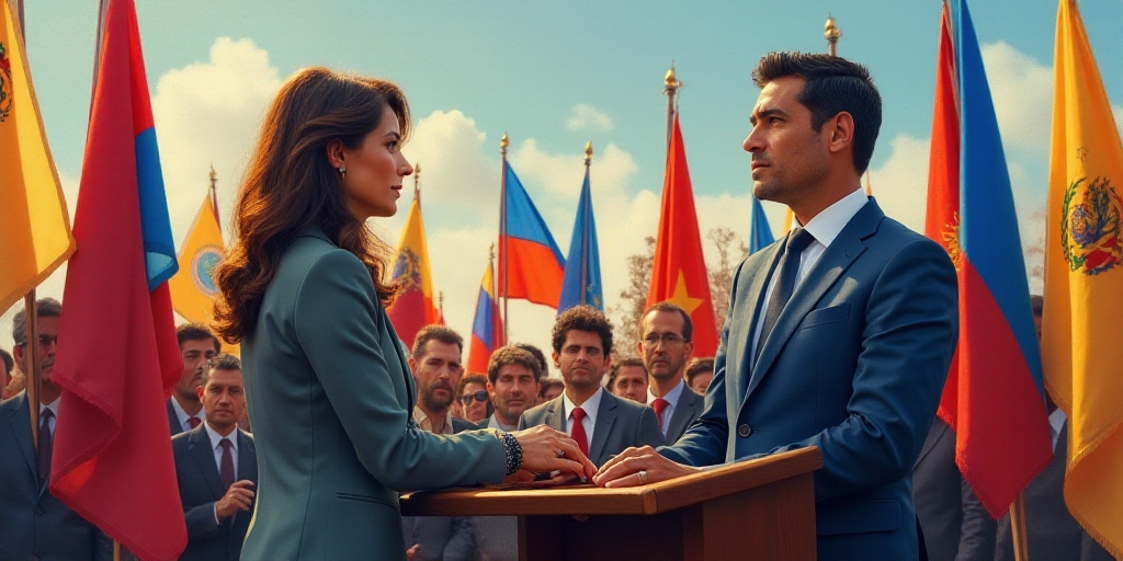 a woman standing at a podium in front of a crowd of people with flags behind her and a man in a suit