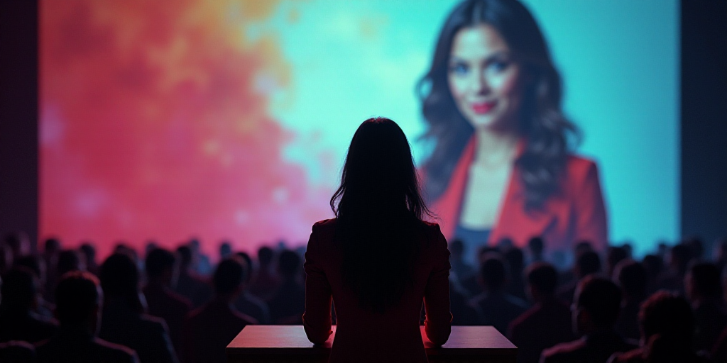 a woman standing at a podium in front of a crowd of people in front of a screen with a picture of a