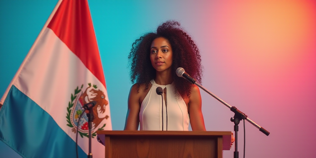 a woman standing at a podium with a microphone in front of her and a flag behind her and a microphon