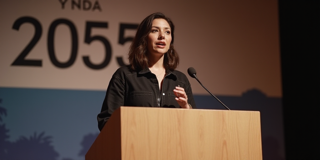 a woman standing at a podium with a microphone in front of her and a banner behind her that says 205