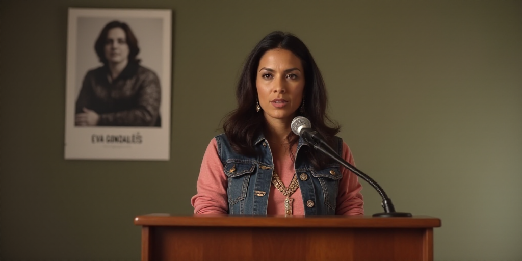 a woman standing at a podium with a microphone in front of her and a poster behind her on the wall,