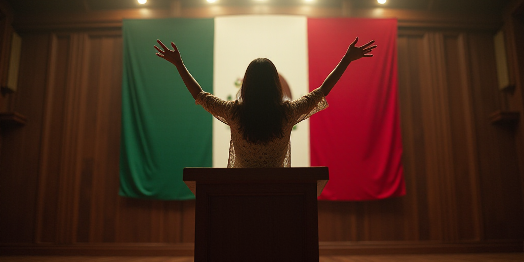 a woman standing at a podium with her arms up in the air and a mexican flag behind her in a large ro