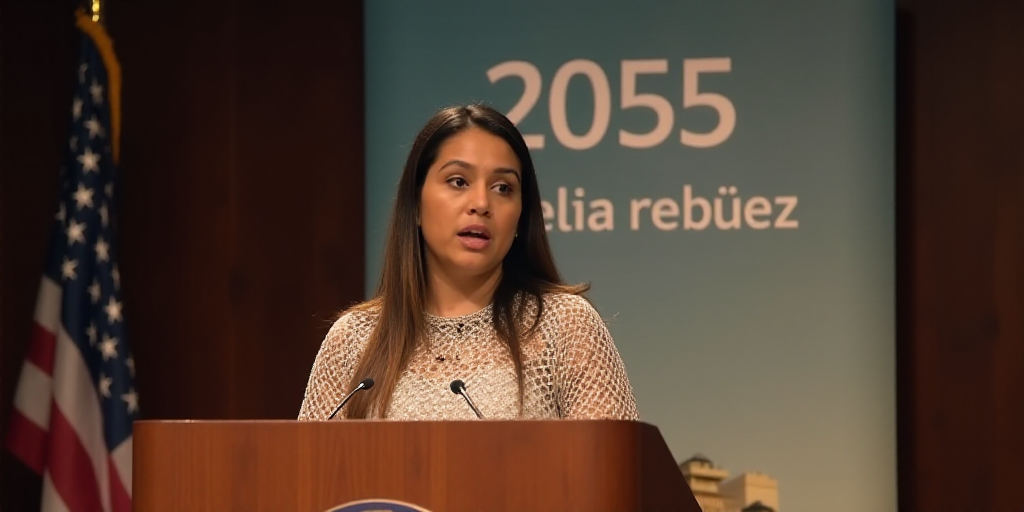 a woman standing at a podium with a microphone in front of her and a banner behind her that says 205