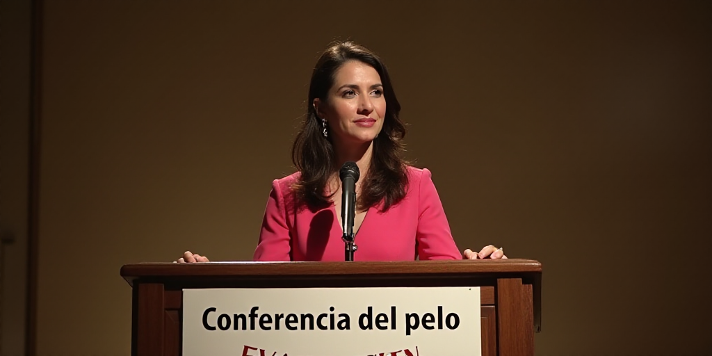 a woman standing at a podium with a microphone in front of her and a sign behind her that says confe