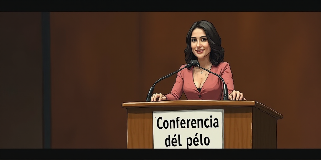 a woman standing at a podium with a microphone in front of her and a sign behind her that says confe