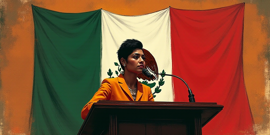 a woman standing at a podium with a mexican flag behind her and a mexican flag behind her, with a me