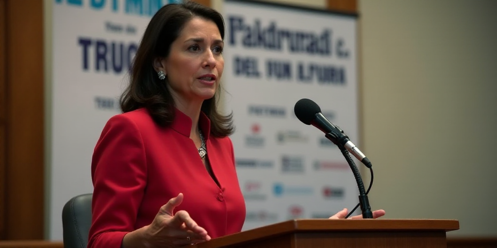 a woman standing at a podium with a microphone in front of her and a banner behind her that says con