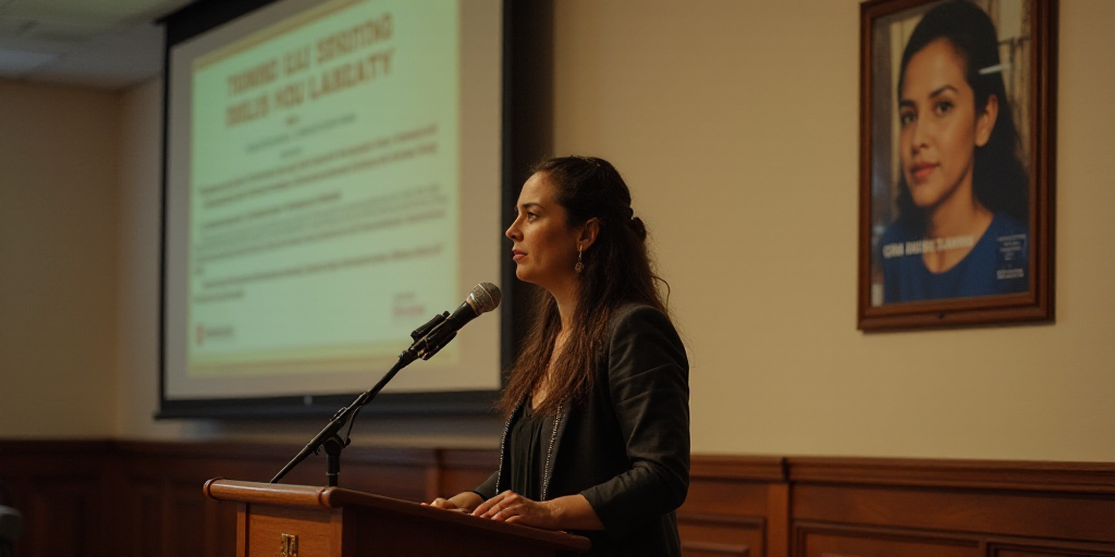 a woman standing at a podium with a microphone in her hand and a poster behind her on the wall, Arac
