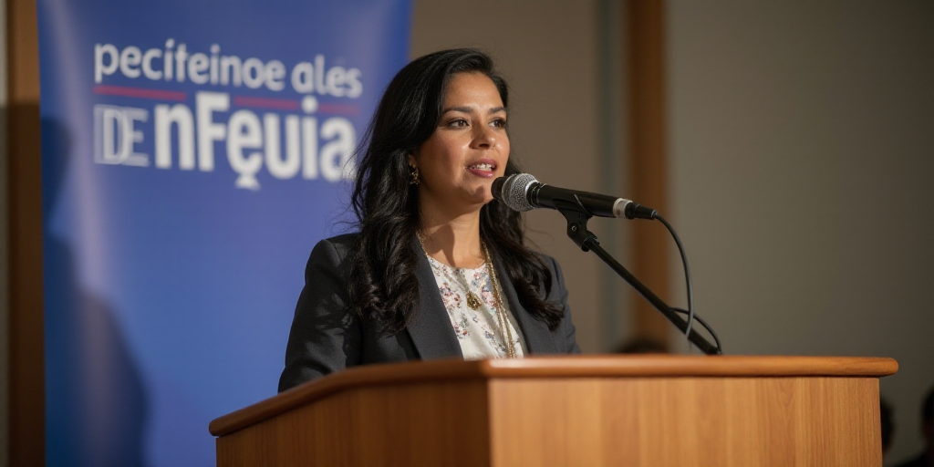 a woman standing at a podium with a microphone in front of her and a banner behind her that says con
