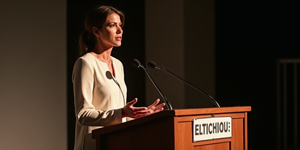 a woman standing at a podium with a microphone in front of her and a sign behind her that says 2055,