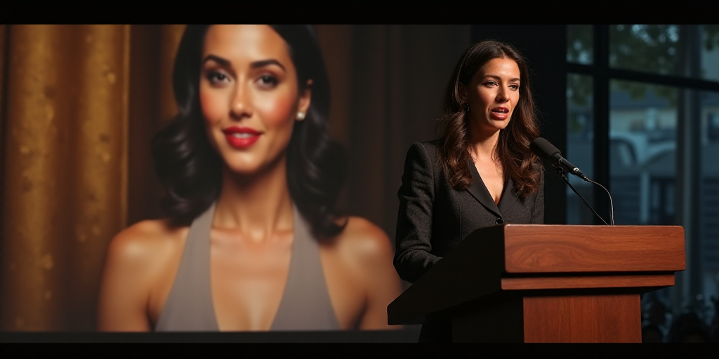 a woman standing at a podium with a microphone in front of her and a picture of herself behind her,